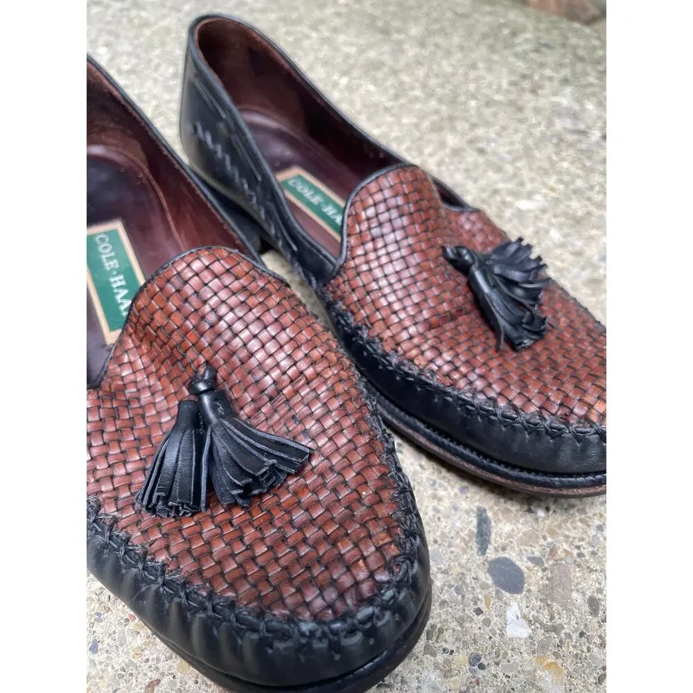 Cole Haan Women's Loafers Sz 8B Brown Woven Black Leather Tassel Round Apron Toe